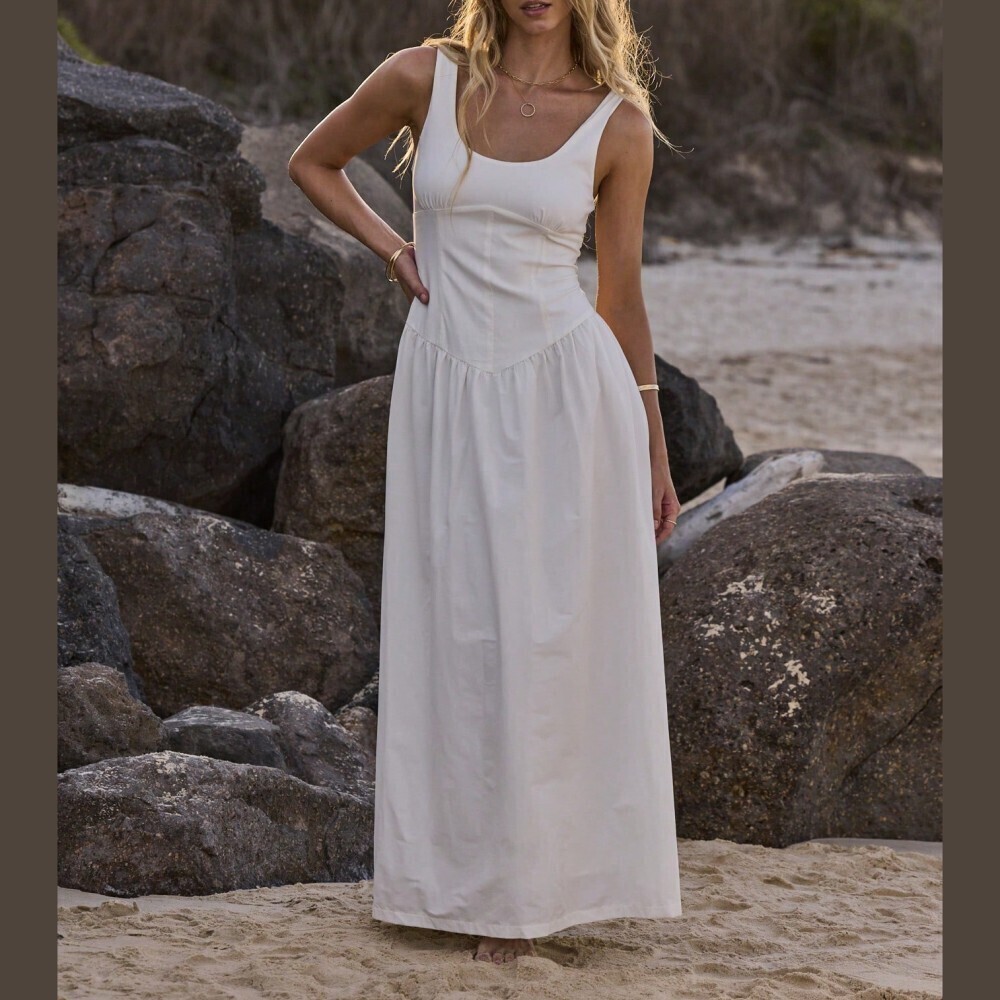 Cream Square Neck Corset Seam Sleeveless A-Line Maxi Dress